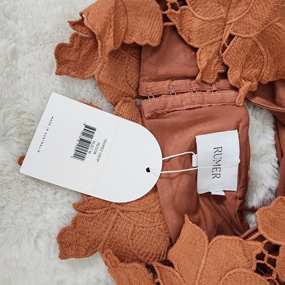 Rumer The Label Tropez Rust Orange Floral Lace Asymmetric Crop Top Medium NWT - Picture 7 of 13